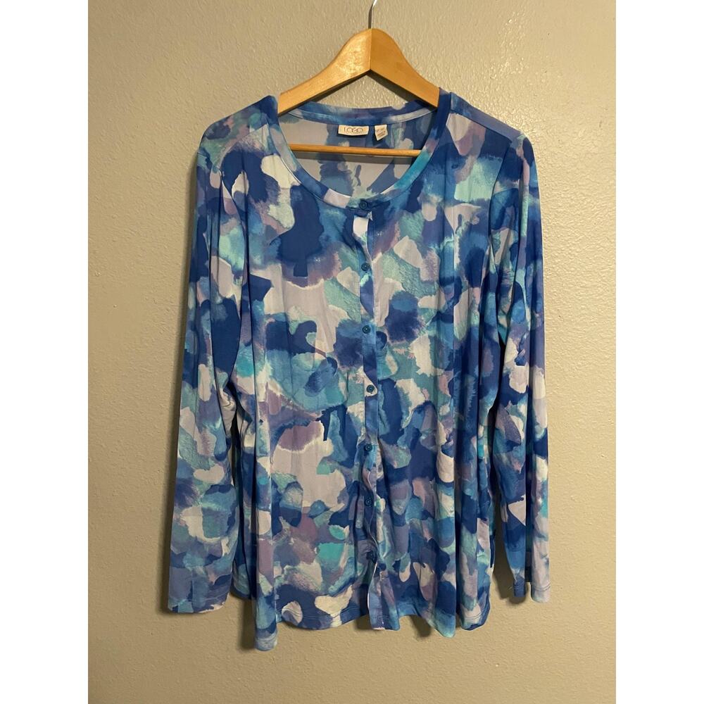 LOGO By Lori Goldstein Tunic Top Womens 2X Blue Floral Stretch Button Front